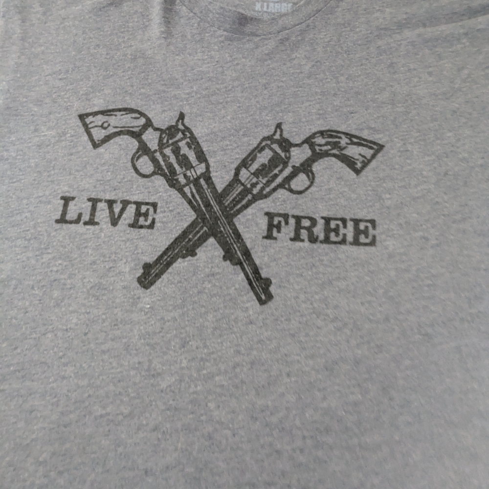 Live Free RWB Patriotic Apparel Gray Tee With Crossed Pistol Barrels  Size XL